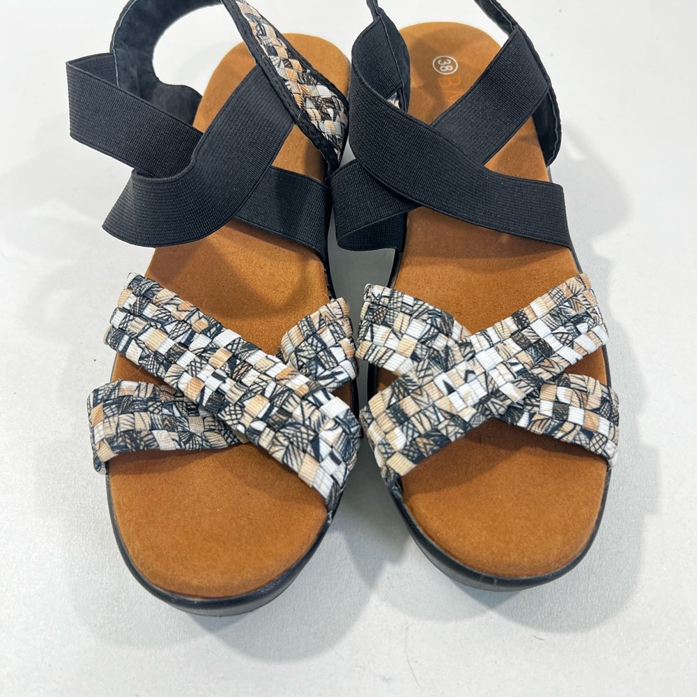 bernie mev. Black and Tan Woven Sandals